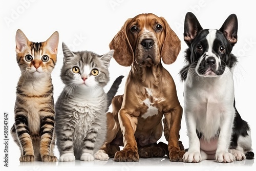 Dogs and cats in a group against a white background. Generative AI