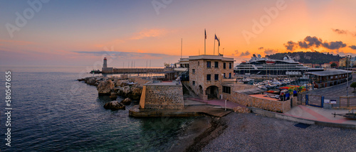 Mediterranean Sea with the lighthouse at sunset in the harbor, Nice, France © SvetlanaSF