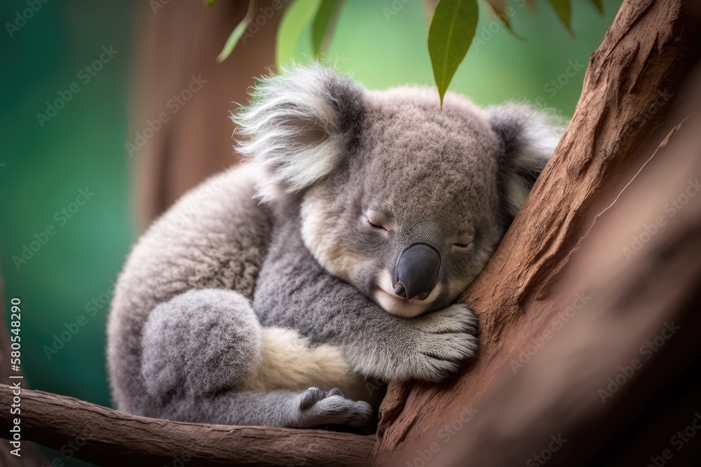 Cute Baby Koala Bear sleeping in Eucalyptus Tree in Queensland, Australia. Adorable Sleepy Koala. Generative AI Cute Baby Koala Bear sleeping in Eucalyptus Tree in Queensland, Australia. Adorable Sleepy Koala. Generative AI