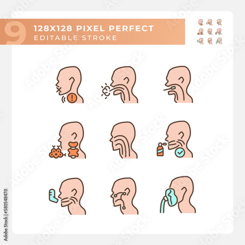 Throat problem diagnostics pixel perfect RGB color icons set. Different diseases of human gullet. Medical service. Isolated vector illustration. Simple filled line drawing. Editable stroke