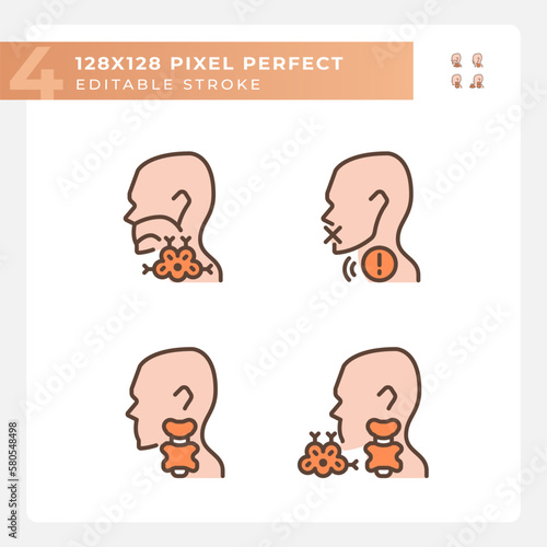 Problem with throat treatment pixel perfect RGB color icons set. Healthcare for patients. Gullet diagnostics. Isolated vector illustration. Simple filled line drawing. Editable stroke