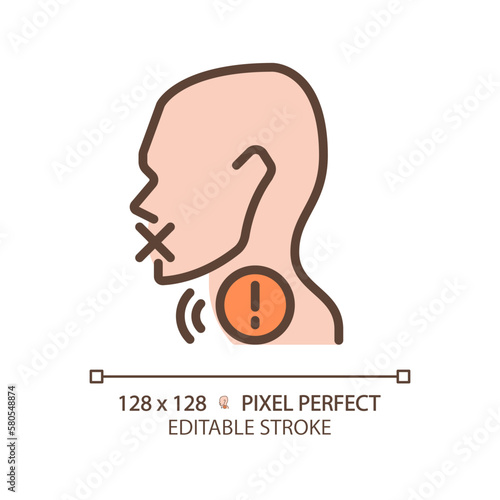 Hoarseness pixel perfect RGB color icon. Voice changing problem. Throat disease treatment. Medical service. Thin line illustration. Contour symbol. Vector outline drawing. Editable stroke