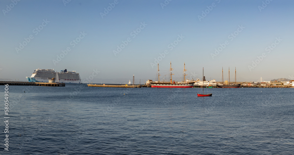 scenic view to harbor area with beach and pier in San Francisco, USA