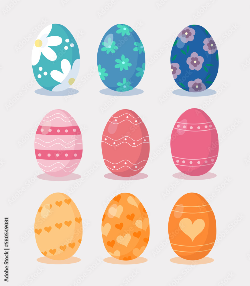 Set of Easter eggs different colors and textures. Happy easter spring holiday. Easter eggs vector illustration with flowers, hearts and stripes.