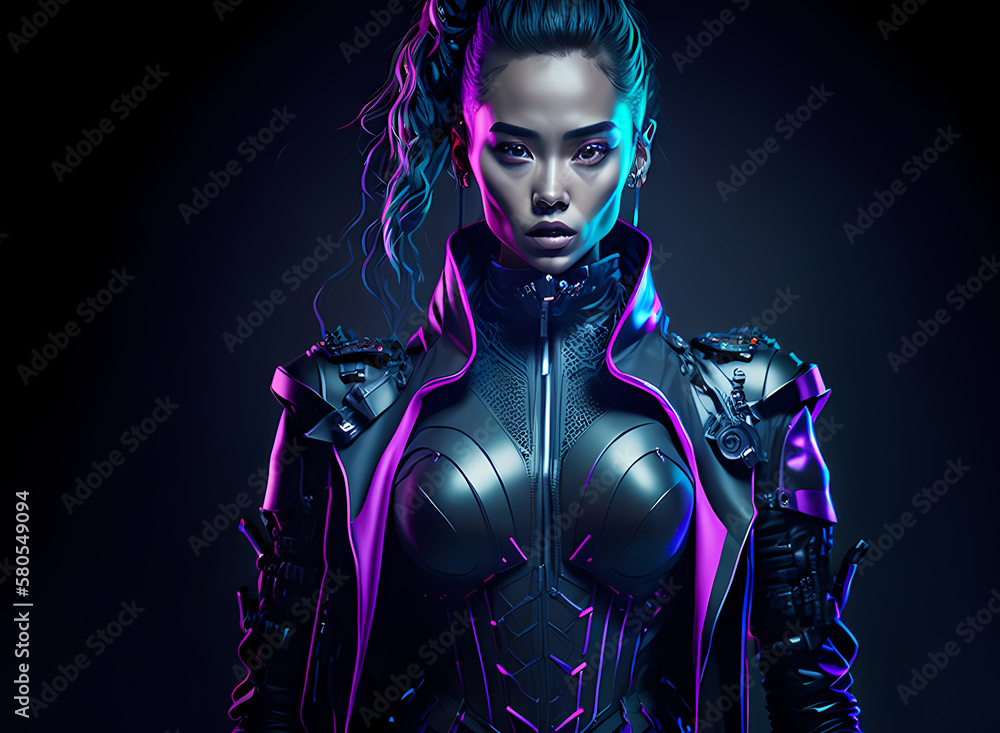 An appealing woman in futuristic garb is depicted in a cyberpunk painting. Generative AI. An appealing woman in futuristic garb is depicted in a cyberpunk painting. Generative AI.