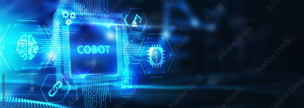 Industrial automation technology concept. Collaborative robot, cobot. 3d illustration