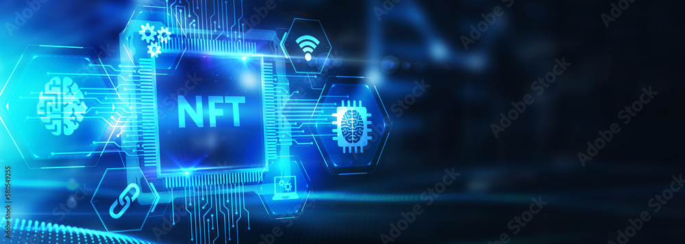 NFT Non-fungible token digital crypto on virtual screen. 3d illustration NFT Non-fungible token digital crypto on virtual screen. 3d illustration