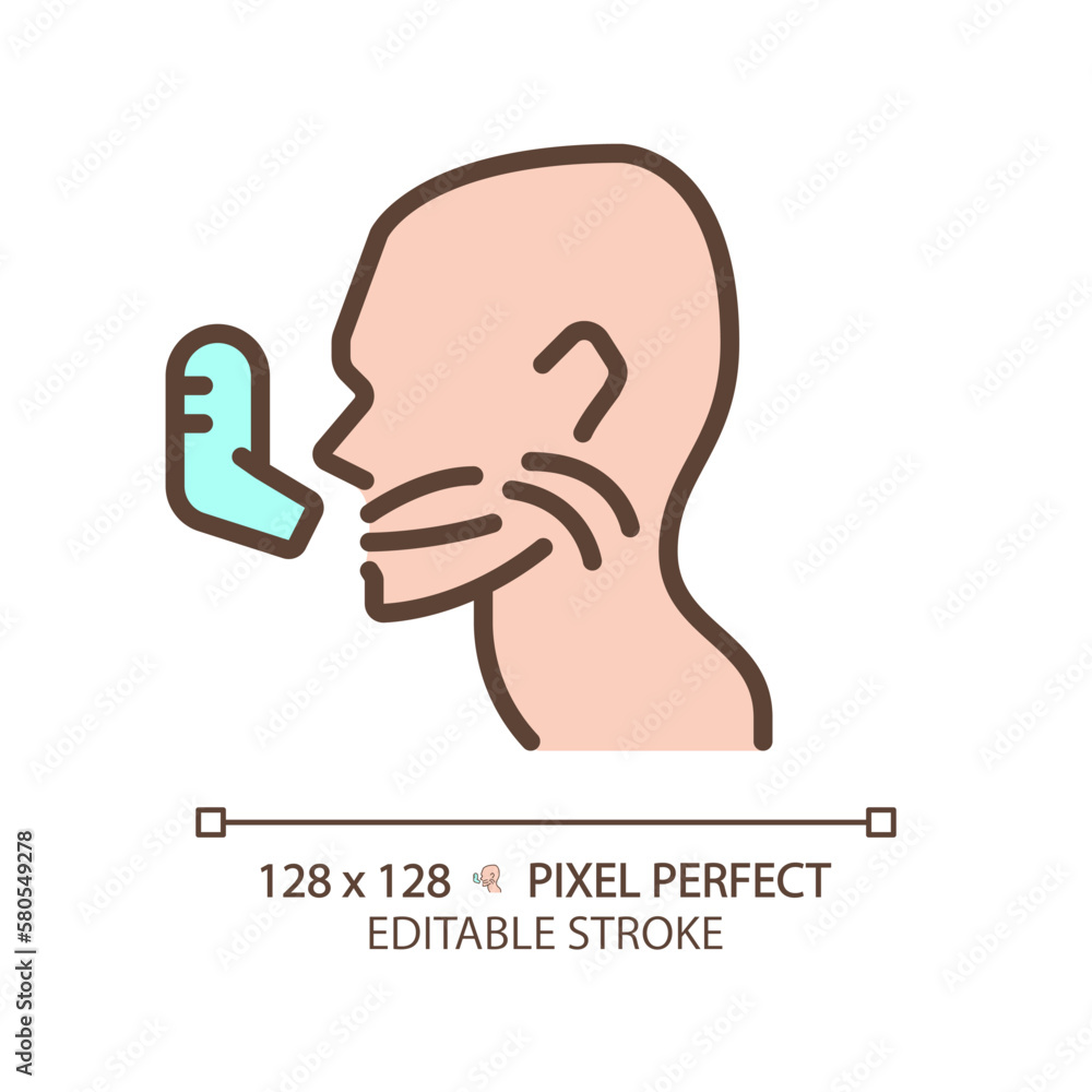 Asthma pixel perfect RGB color icon. Patient take medication via inhaler. Chronic breathing problems. Medical support. Thin line illustration. Contour symbol. Vector outline drawing. Editable stroke Asthma pixel perfect RGB color icon. Patient take medication via inhaler. Chronic breathing problems. Medical support. Thin line illustration. Contour symbol. Vector outline drawing. Editable stroke