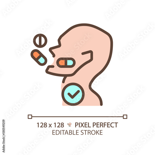 Take medication pixel perfect RGB color icon. Pills falling into patient throat. Pharmacy for disease curing. Thin line illustration. Contour symbol. Vector outline drawing. Editable stroke