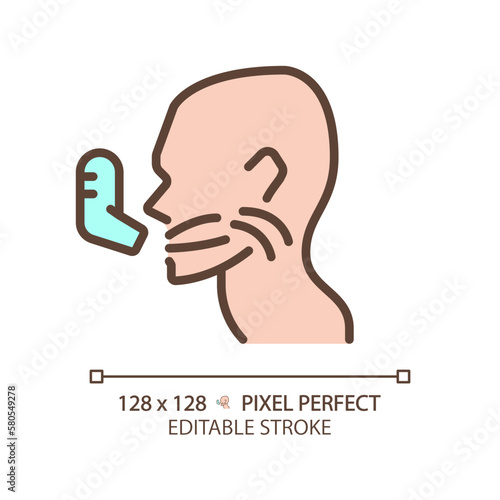 Asthma pixel perfect RGB color icon. Patient take medication via inhaler. Chronic breathing problems. Medical support. Thin line illustration. Contour symbol. Vector outline drawing. Editable stroke