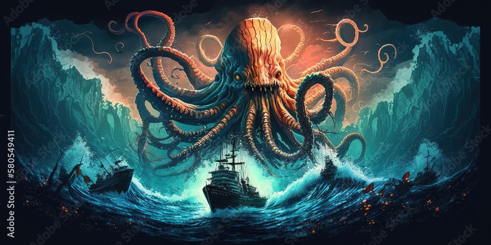 Giant kraken attacks ship with tentacles in digital art. Generative AI