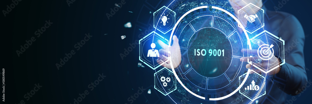 Fototapeta premium Business, technology, internet and network concept. Virtual screen of the future with the inscription: ISO 9001.