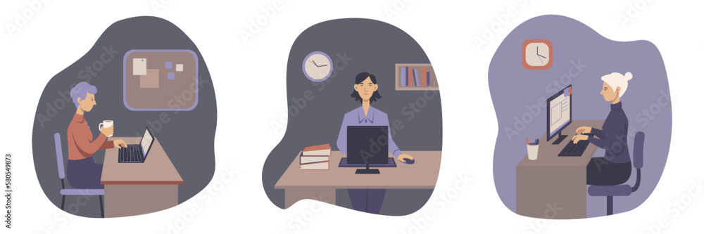 Time and task management. Strict business woman work on computer at home. Characters workflow during day. Flat vector illustration set isolated on white