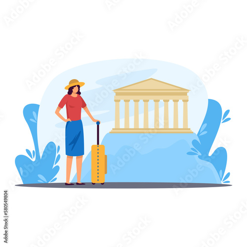 Woman on vacation sightseeing, grand building in background. Lady tourist in hat and with suitcase discovers theaters and museums. Travel experience. Color vector graphic flat art, cartoon picture