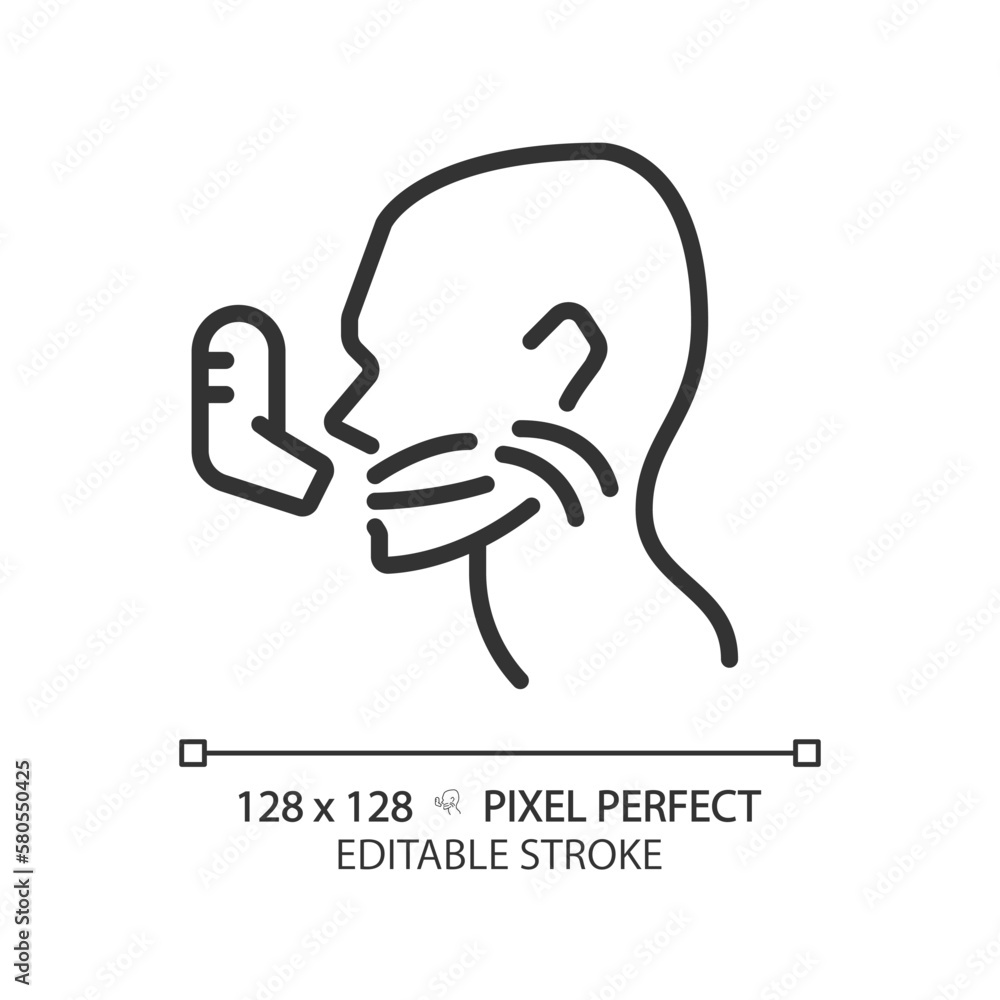 Asthma pixel perfect linear icon. Patient take medication via inhaler. Chronic breathing problems. Medical support. Thin line illustration. Contour symbol. Vector outline drawing. Editable stroke Asthma pixel perfect linear icon. Patient take medication via inhaler. Chronic breathing problems. Medical support. Thin line illustration. Contour symbol. Vector outline drawing. Editable stroke