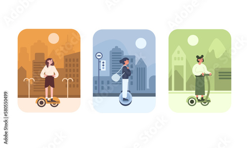 Set of different women using modern eco friendly transport. People driving urban electric vehicles. Sustainable transport systems. Reducing world energy consumption. Vector