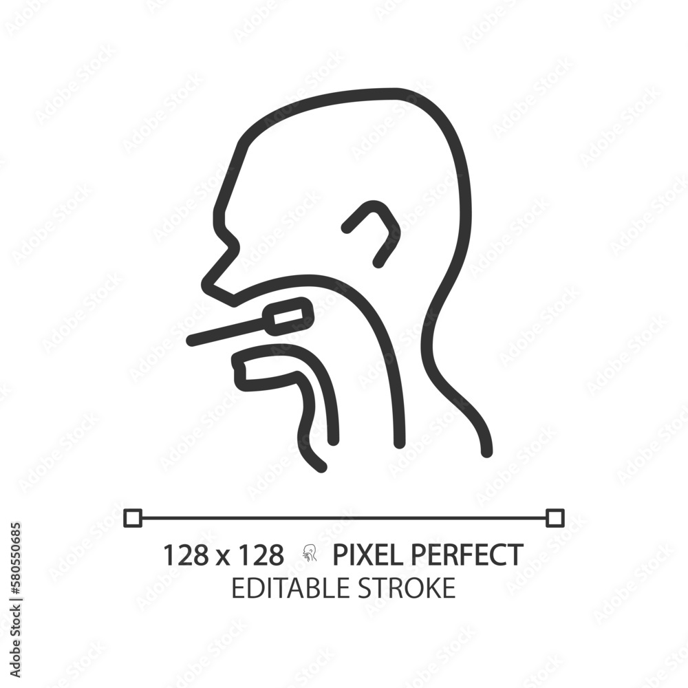 Throat exam pixel perfect linear icon. Medical checkup of patient. Taking sample for tests with probe. Thin line illustration. Contour symbol. Vector outline drawing. Editable stroke Throat exam pixel perfect linear icon. Medical checkup of patient. Taking sample for tests with probe. Thin line illustration. Contour symbol. Vector outline drawing. Editable stroke