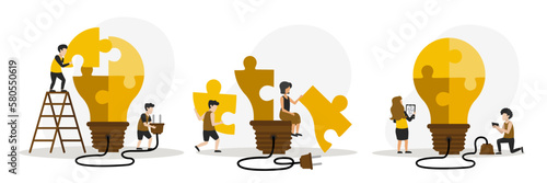 Brainstorming and teamwork concept. People work together like team. Characters make light bulb puzzle using ladder and scheme. Vector illustration in flat style