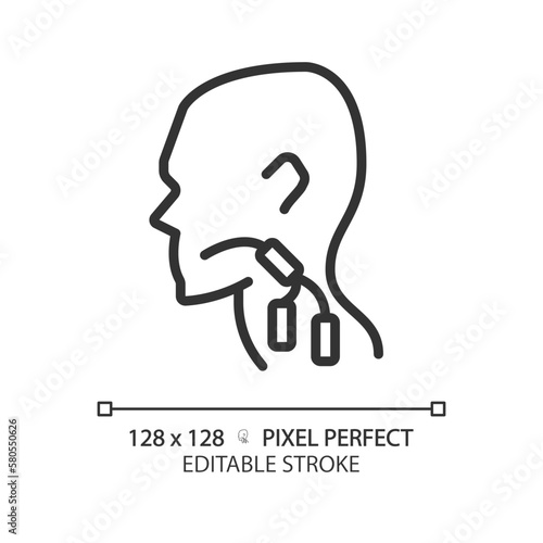 Lymph nodes pixel perfect linear icon. Swollen body parts in throat. Immune system issues symptoms. Health problem. Thin line illustration. Contour symbol. Vector outline drawing. Editable stroke