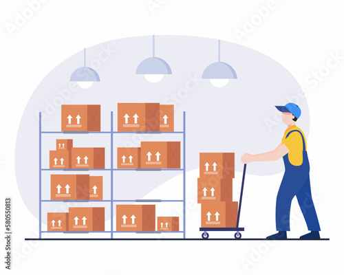 Logistics worker loading Box, parcel, warehouse flat vector illustration. Delivery, shipping.