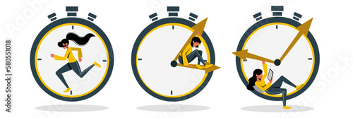 Time management with people in flat cartoon style. Girl run and trying keep up with time. Woman sits on clock and holds back arrows. Girl lay on clock and read tablet, take a break on work. Vector