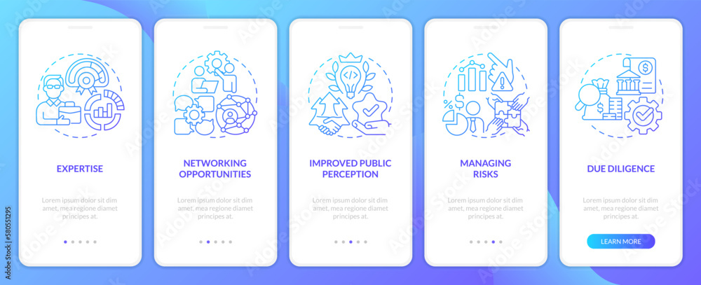 Venture capital financing benefits blue gradient onboarding mobile app screen. Walkthrough 5 steps graphic instructions with linear concepts. UI, UX, GUI template. Myriad Pro-Bold, Regular fonts used