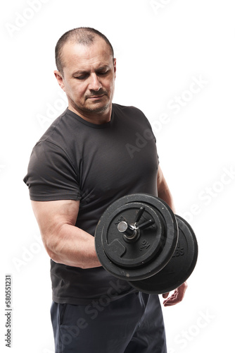 Mature man doing biceps workout on white background
