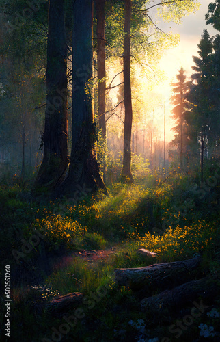 spring forest clearing at golden hour. ai generative
