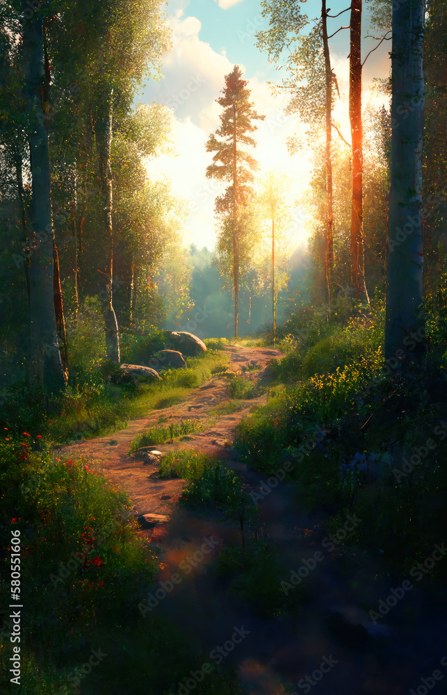spring forest clearing at golden hour. ai generative spring forest clearing at golden hour. ai generative