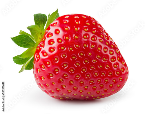 Strawberry isolated. Whole strawberry with leaf on white background. Perfect retouched berry with clipping path. Full depth of field.