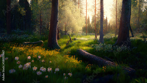 spring forest clearing at golden hour. ai generative