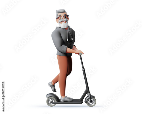 3d illustration of happy business man with gray hair, beard and glasses isolated on white color background. 3d render design of man character ride scooter