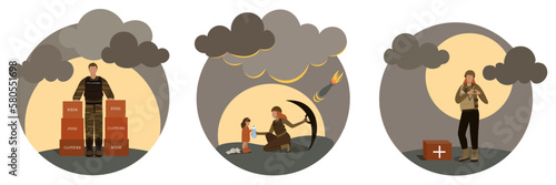 Volunteering during war concept. People in military uniform volunteer and save lives. Characters help by goods and food. Female soldier saves little girl from bomb. Nurse in military uniform. Vector