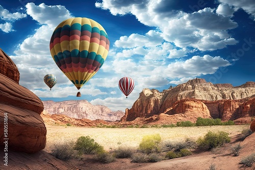 Landscape with colorful hot air balloons in the sky and canyons. Generative AI