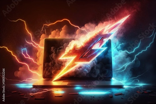 Illustration of lightning and laptop, background with lightning and neon lights. Generative AI