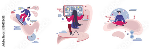 Work activity and efficiency, performance expectation 2d vector graphic. Guy surfing among tasks and goals flat art. Girl fixing great schedule, person finding balance in time isolated color set