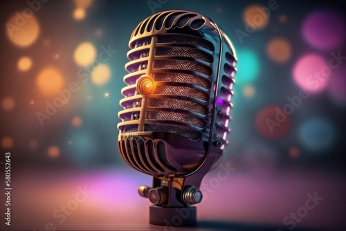 Studio microphone illustration, blurred background with colorful neon lights. Generative AI