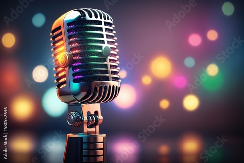 Studio microphone illustration, blurred background with colorful neon lights. Generative AI