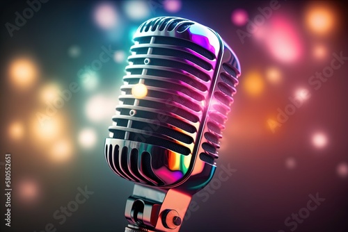 Studio microphone illustration, blurred background with colorful neon lights. Generative AI