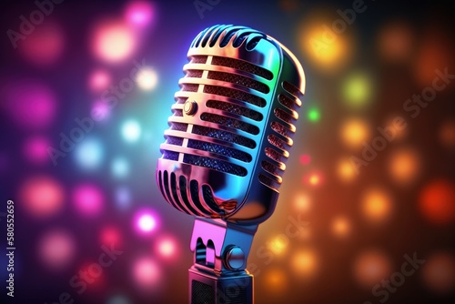 Studio microphone illustration, blurred background with colorful neon lights. Generative AI