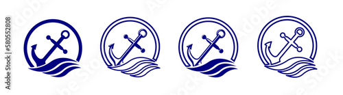 Set of logos of anchors with waves. Vectors.