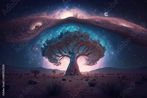 Landscape with mystical tree, milky way and stars in the sky. Generative AI