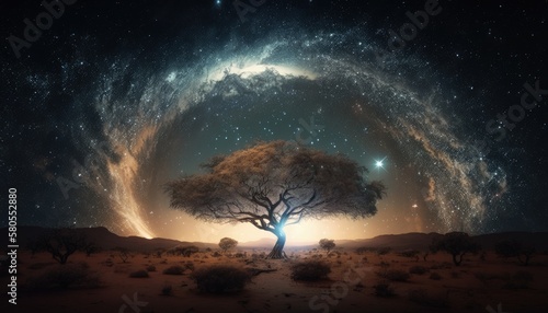 Landscape with mystical tree, milky way and stars in the sky. Generative AI