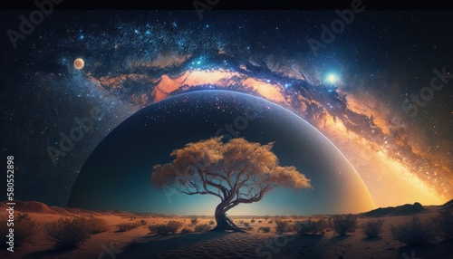 Landscape with mystical tree, milky way and stars in the sky. Generative AI