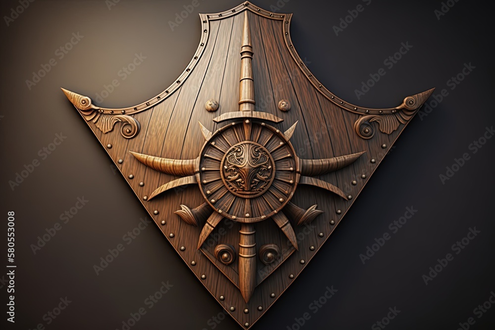 Pirate wooden shield illustration, white background. Generative AI