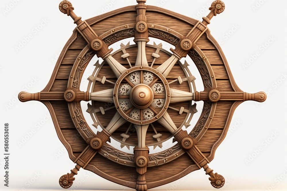 Pirate ship wooden helm illustration, white background. Generative AI