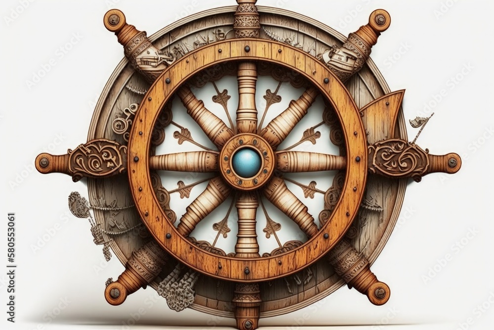 Pirate ship wooden helm illustration, white background. Generative AI