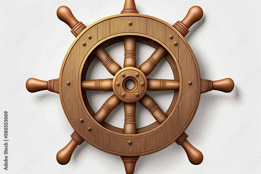 Pirate ship wooden helm illustration, white background. Generative AI