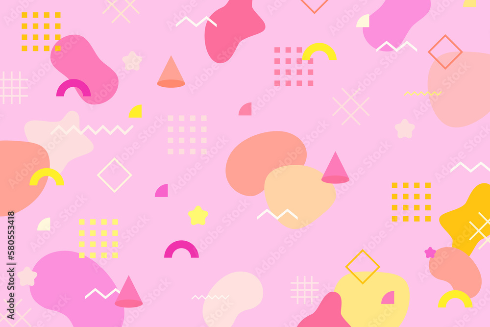 Cute Memphis-style background with colorful shapes scattered on pink background