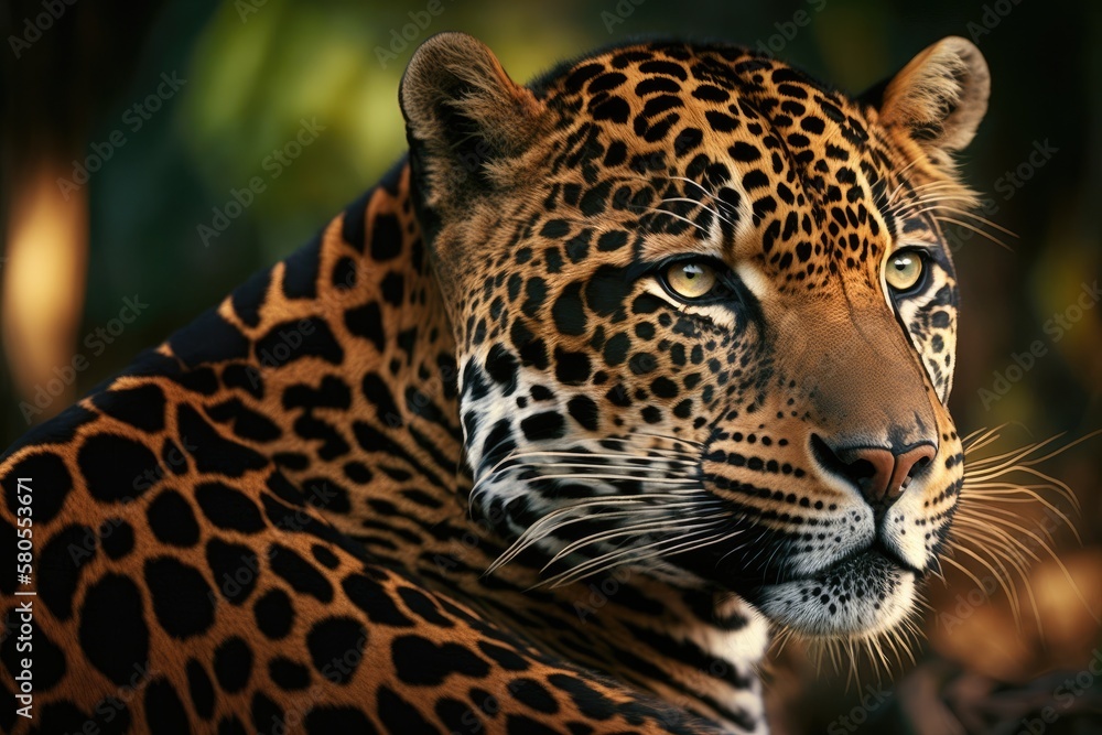 Obraz premium View of a Jaguar up close (Panthera onca). Generative AI